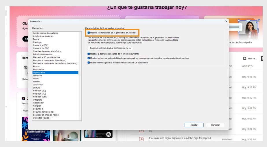 La ventana de Preferencias de IA generativa está abierta con opciones para Activar funciones de IA generativa en Acrobat, Borrar todo el historial de chat y más. 