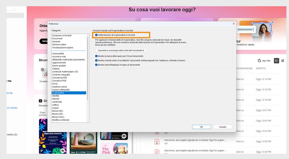 La finestra Preferenze IA generativa è aperta con le opzioni per abilitare le funzioni di IA generativa in Acrobat, cancellare tutta la cronologia delle chat e altro. 