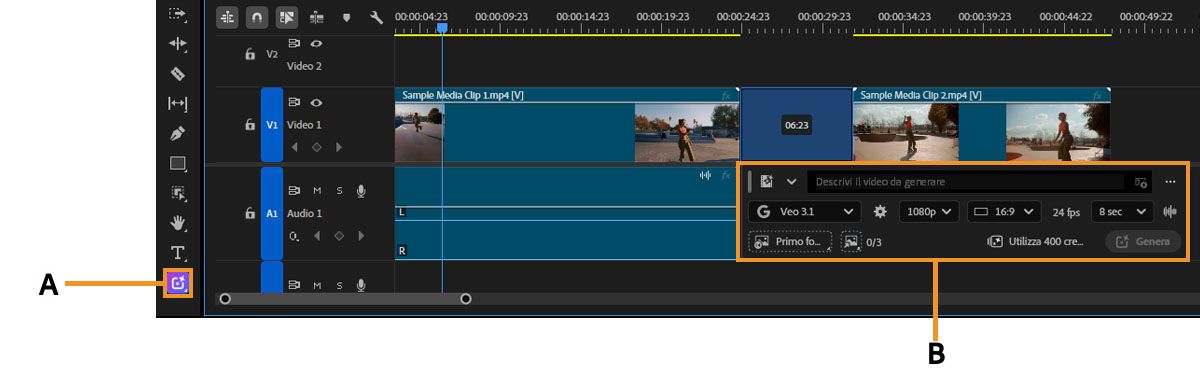 Lo strumento per media generativi nella barra degli strumenti e la barra delle attività generative visualizzata sull'intervallo selezionato nella timeline di Premiere.