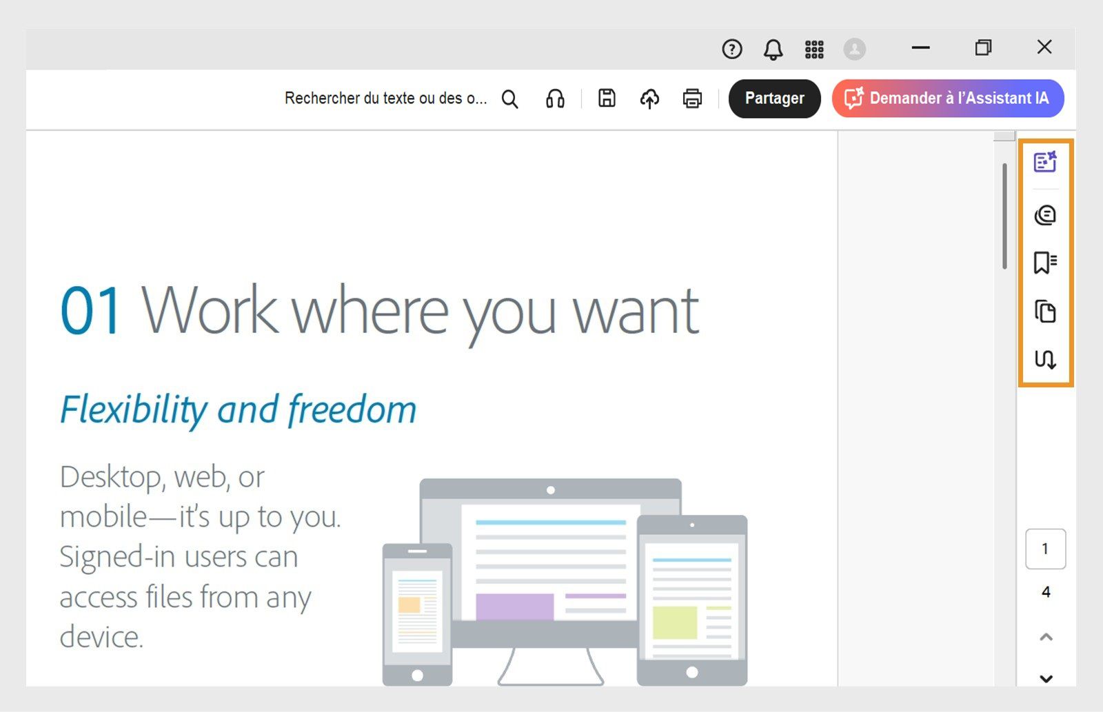 Les outils Résumé génératif, Commentaire, Signet, Vignettes de page et Articles sont mis en évidence dans le panneau de navigation supérieur.