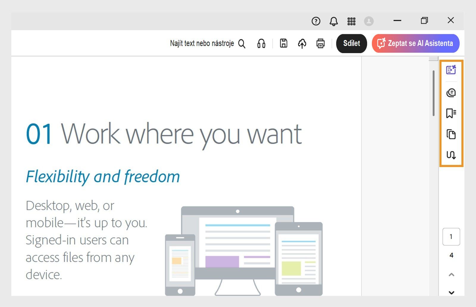 Nástroje pro generativní souhrn, poznámky, záložky, miniatury stránek a články jsou zvýrazněny v horním navigačním panelu.