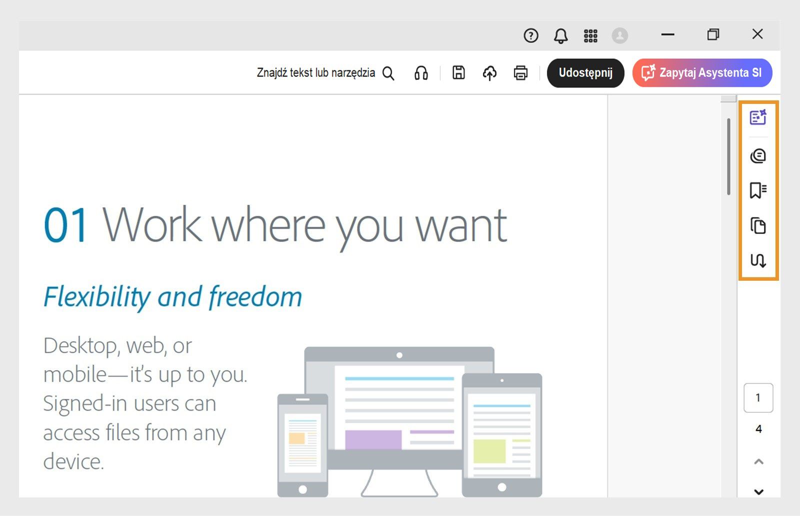 Narzędzia Podsumowanie generatywne, komentarze, zakładki, miniatury stron i artykuły są podświetlone w górnym panelu nawigacyjnym.