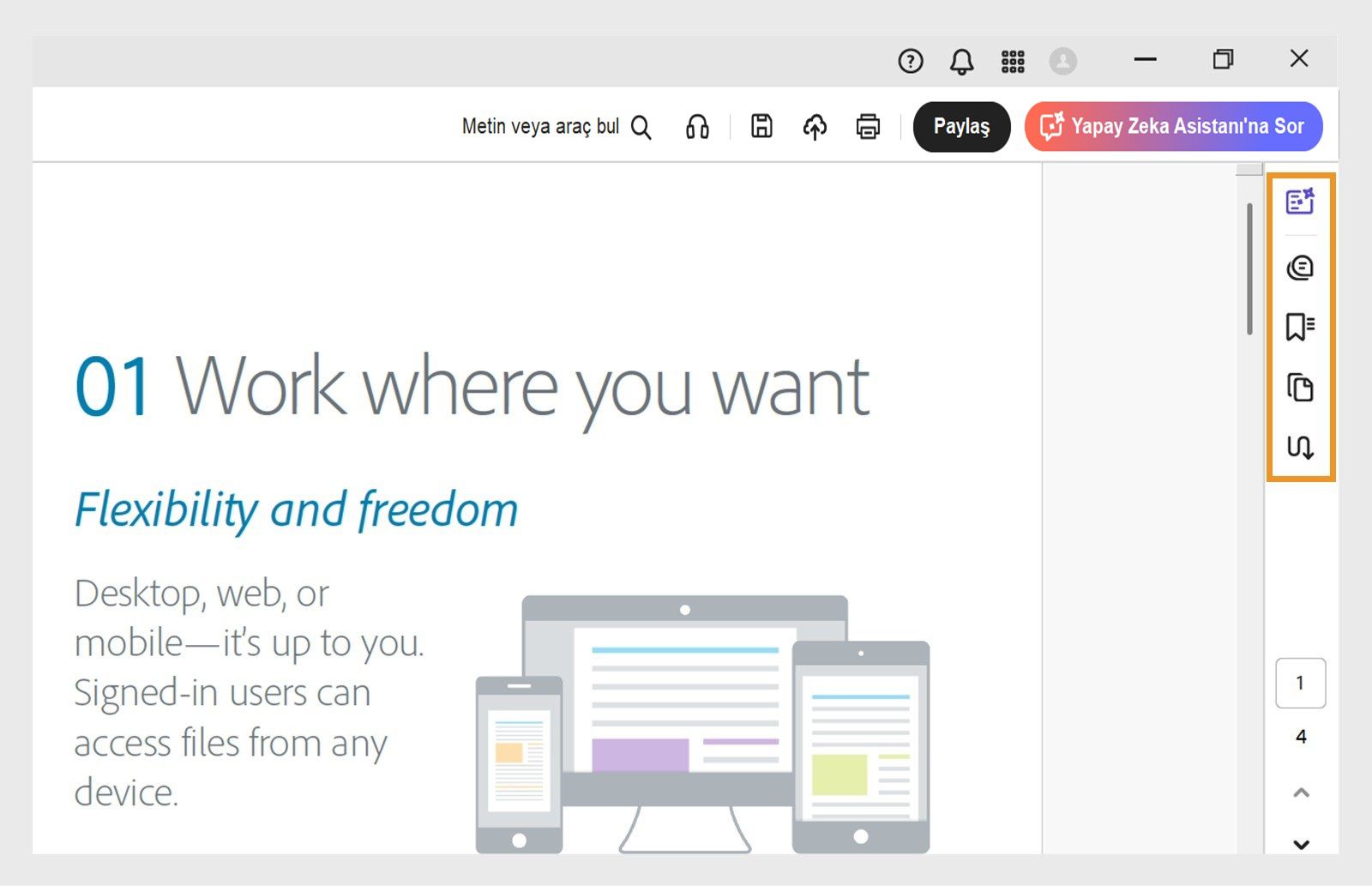 Üretken özet, Yorum, Yer İmi, Sayfa Küçük Resimleri ve Makaleler araçları üst gezinme panelinde vurgulanmıştır.
