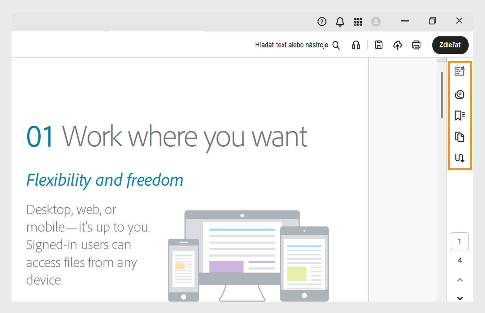 Nástroje Generatívne zhrnutie, Komentár, Záložky, Miniatúry stránok a Články sú zvýraznené v hornom navigačnom paneli.