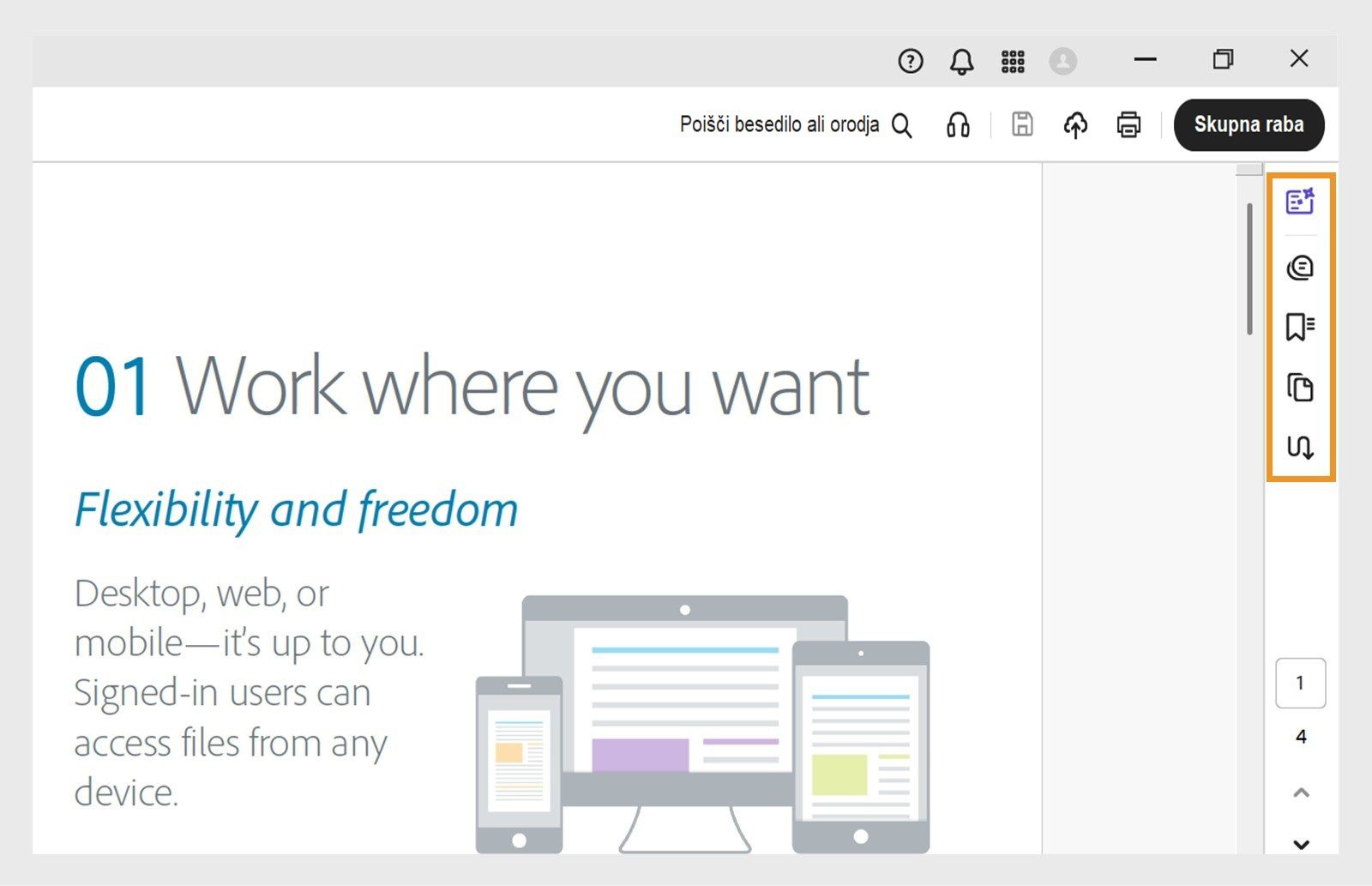 V zgornjem navigacijskem podoknu so označena orodja za generativni povzetek, komentiranje, zaznamke, sličice strani in članke.