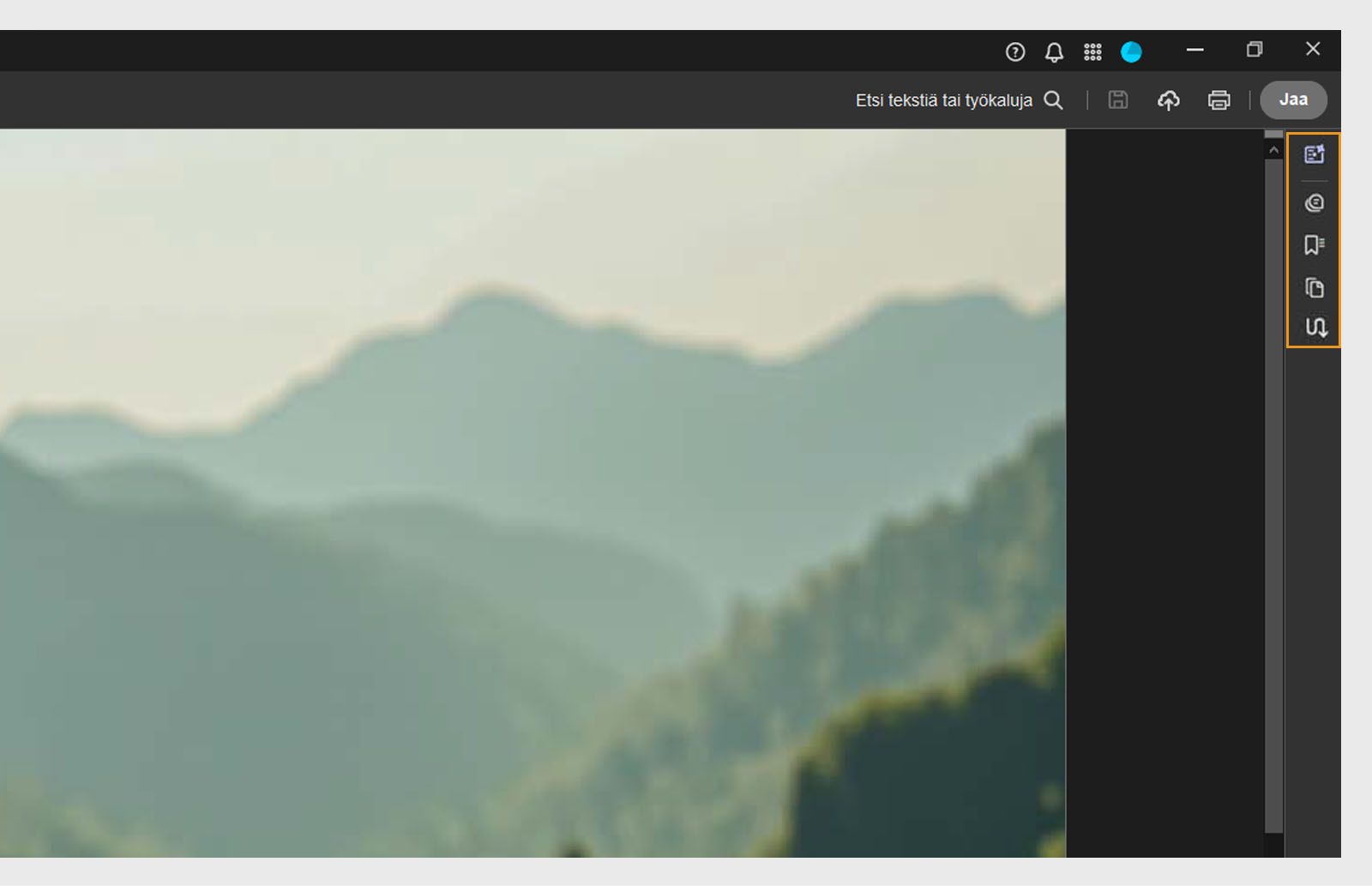 Generatiivinen yhteenveto-, Kommentointi-, Kirjanmerkki-, Sivun pikkukuvat- ja Artikkelit-työkalut on korostettu ylemmässä navigointipaneelissa.