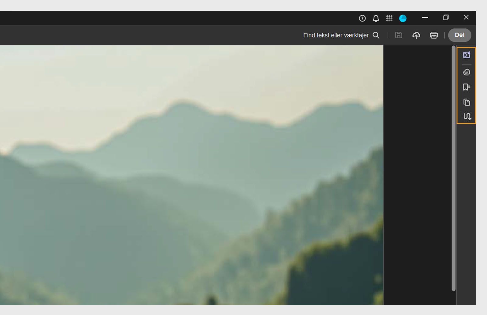 Værktøjerne Generativ oversigt, Skriv kommentar, Bogmærke, Sideminiaturebilleder og Artikler er fremhævet i det øverste navigationspanel.