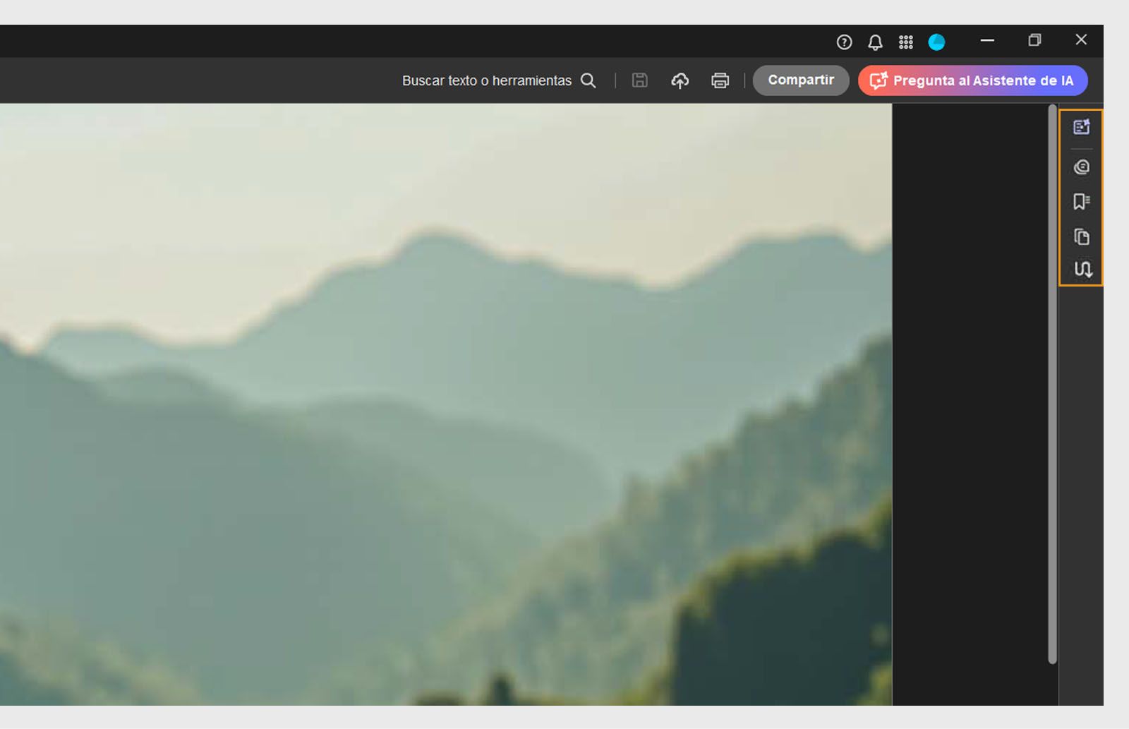 Las herramientas de Resumen generativo, Comentario, Marcador, Miniaturas de página y Artículos se destacan en el panel de navegación superior.