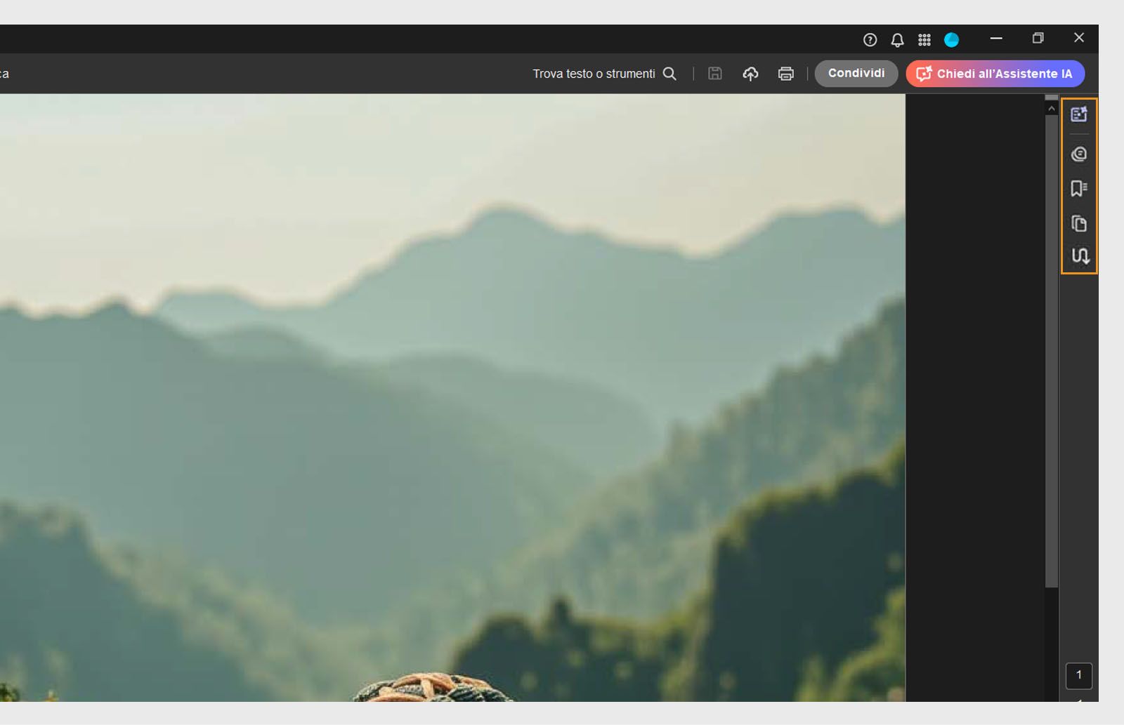 Gli strumenti riepilogo generativo, Commento, Segnalibro, Miniature di pagina e Articoli sono evidenziati nel pannello di navigazione superiore.