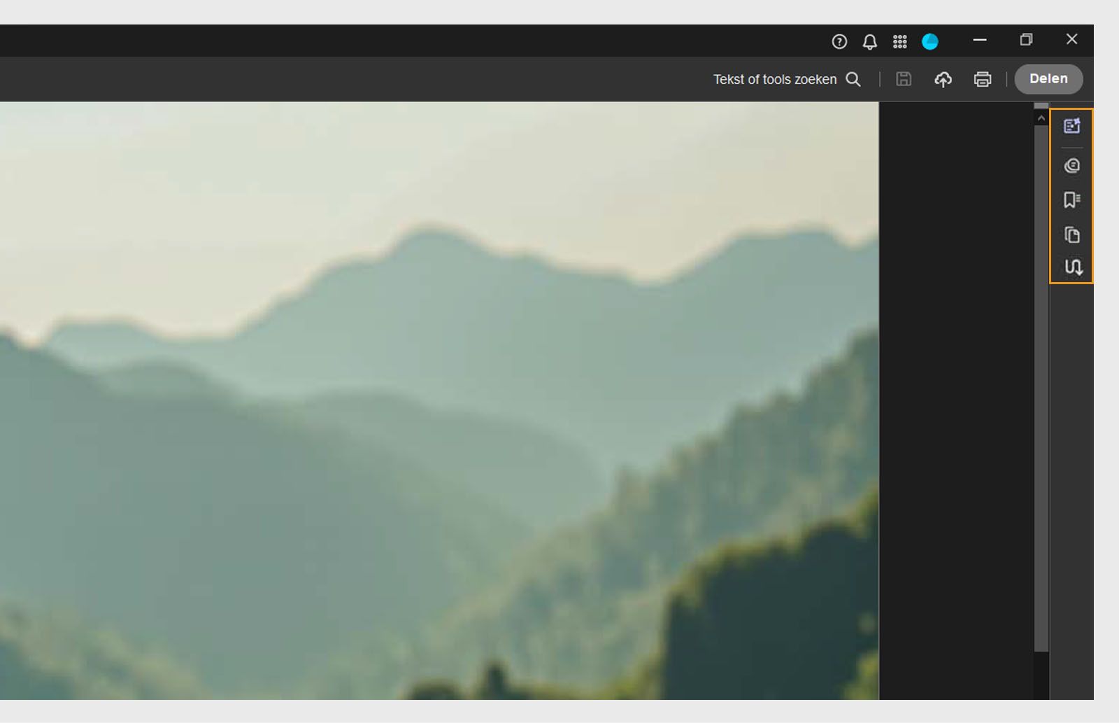 De tools voor Generatieve samenvatting, Opmerking, Bladwijzer, Paginaminiaturen en Artikelen worden gemarkeerd in het bovenste navigatiepaneel.