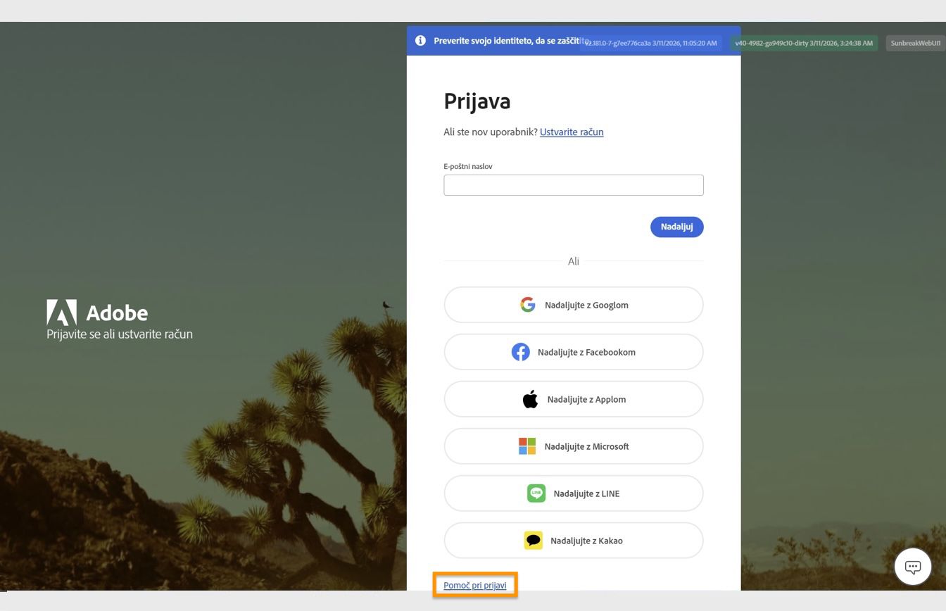 Gumb Poiščite pomoč pri prijavi, ki je na voljo na dnu okna za prijavo, omogoča možnost ponastavitve gesla računa. 