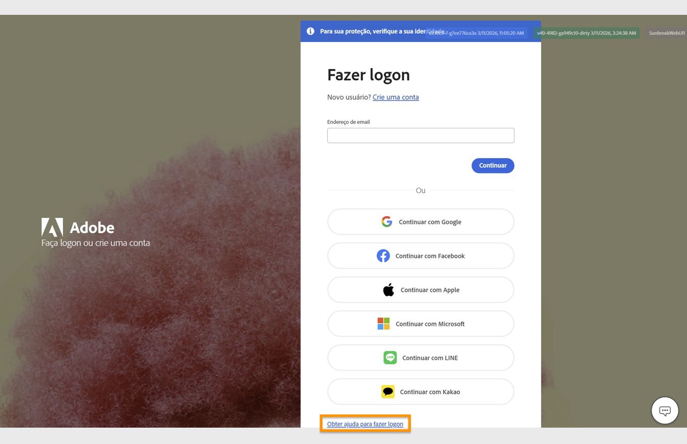 O botão Obter ajuda para fazer logon, disponível na parte inferior da janela Fazer logon, oferece a opção de redefinir a senha da conta.