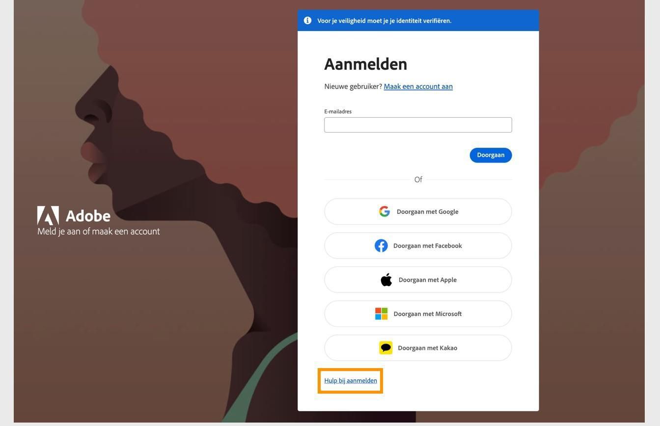 De knop Hulp bij aanmelden, beschikbaar onderaan het aanmeldingsvenster, biedt de optie om je accountwachtwoord opnieuw in te stellen. 