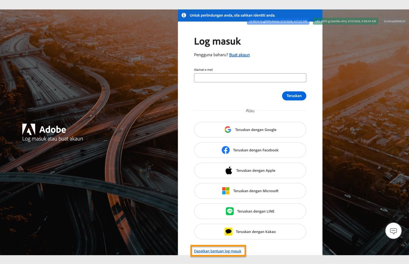 Butang Dapatkan bantuan untuk daftar masuk, tersedia di bahagian bawah tetingkap Daftar masuk, memberikan pilihan untuk menetapkan semula kata laluan akaun anda. 