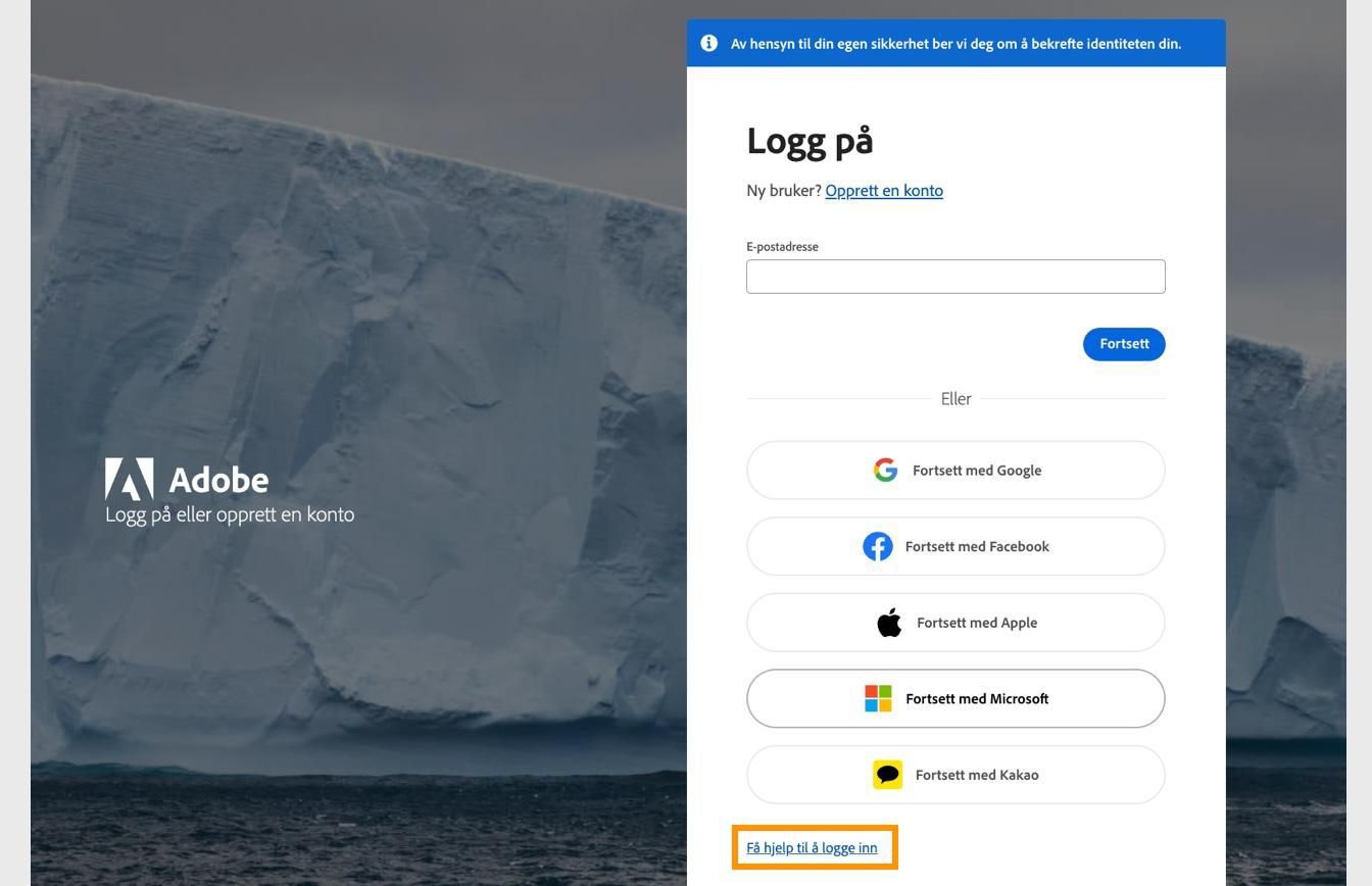 «Få hjelp til å logge på»-knappen, tilgjengelig nederst i påloggingsvinduet, gir muligheten til å tilbakestille kontopassordet ditt.