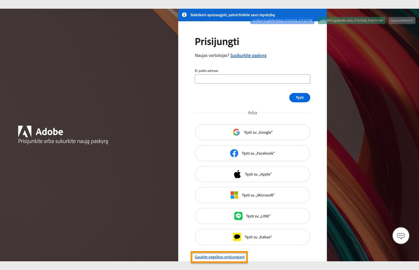 Mygtukas „Gauti pagalbos prisijungiant“, esantis prisijungimo lango apačioje, suteikia galimybę iš naujo nustatyti paskyros slaptažodį.