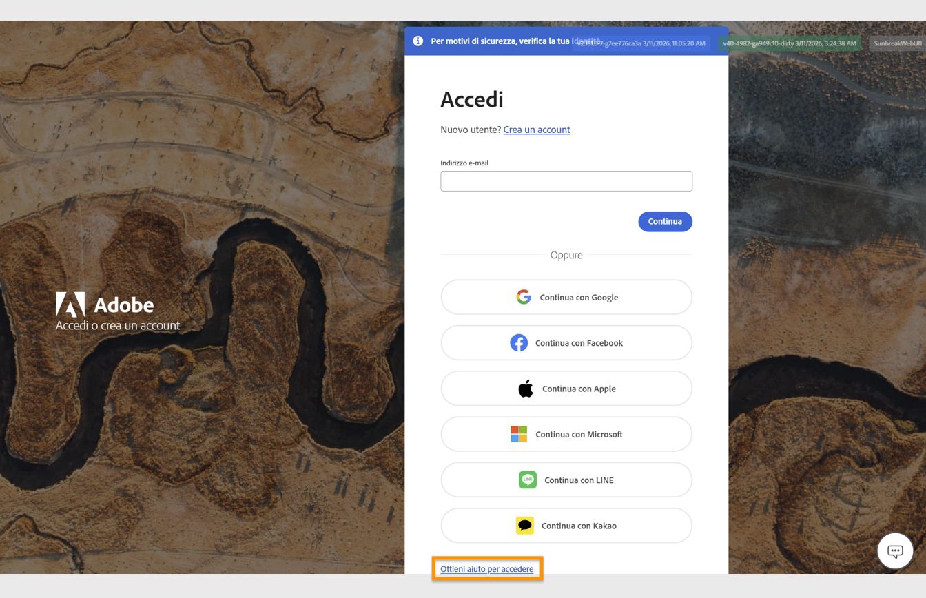 Il pulsante Ottieni aiuto per accedere, disponibile nella parte inferiore della finestra Accedi, offre l'opzione per reimpostare la password del tuo account.