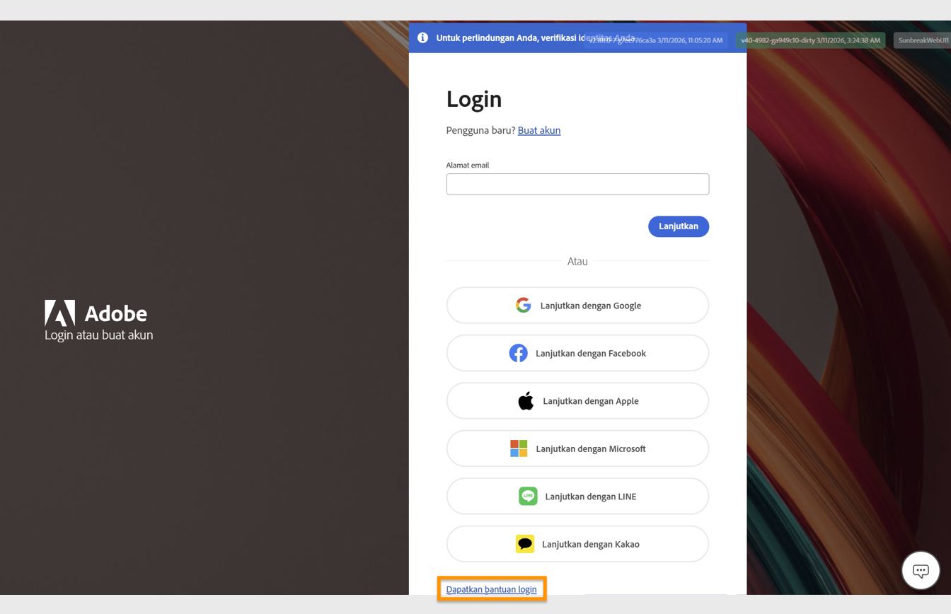 Tombol Dapatkan bantuan untuk login, tersedia di bagian bawah jendela Login, menyediakan opsi untuk mereset kata sandi akun Anda.