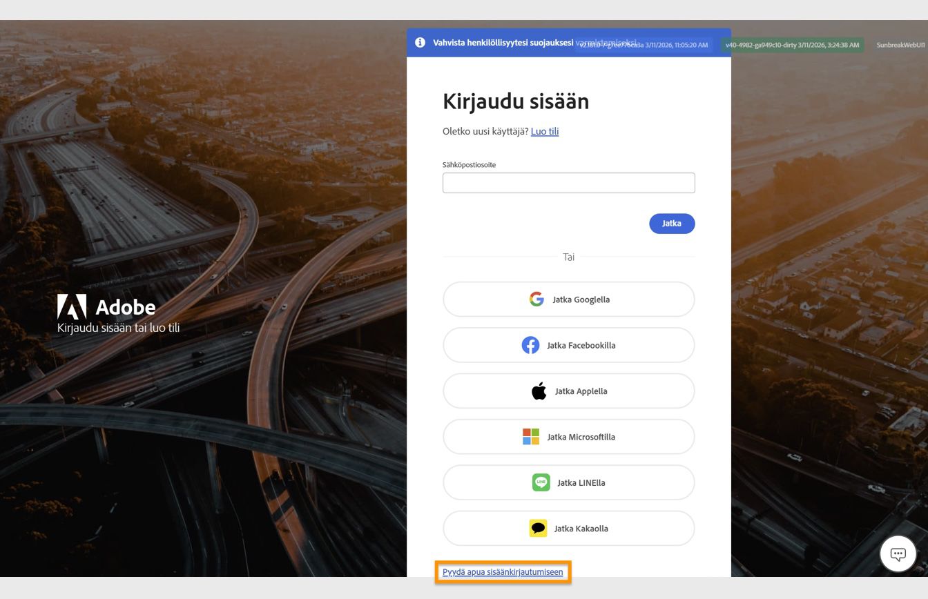 Kirjautumisikkunan alareunan Pyydä apua sisäänkirjautumiseen -painikkeella voit palauttaa tilisi salasanan. 