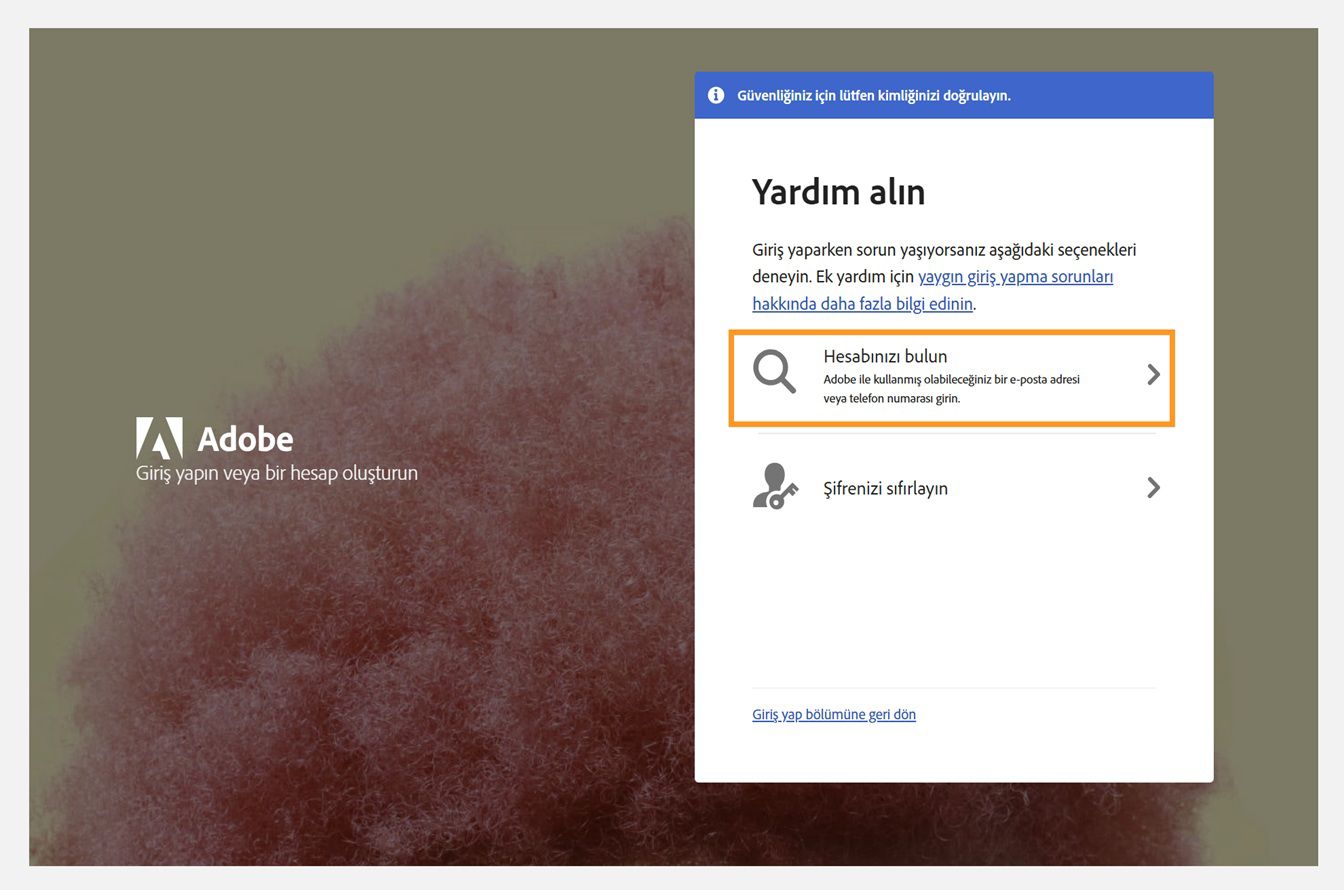 Hesabınızı bulun seçeneği vurgulanmış Yardım al penceresi.