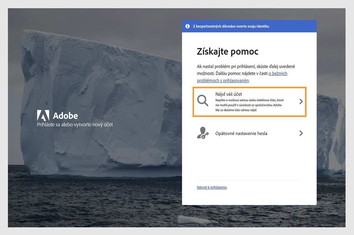 Okno Získať pomoc so zvýraznenou možnosťou Nájsť svoje konto.