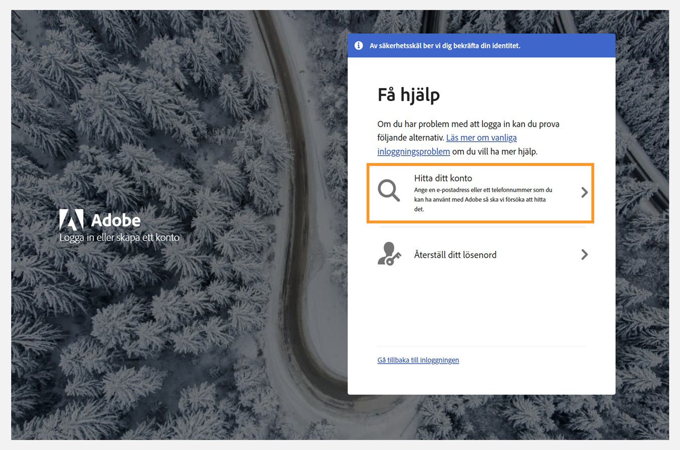 Fönstret Få hjälp med alternativet Hitta ditt konto markerat.