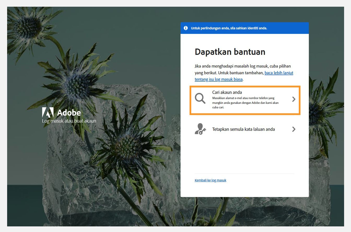 Tetingkap Dapatkan bantuan dengan pilihan Cari akaun anda diserlahkan.