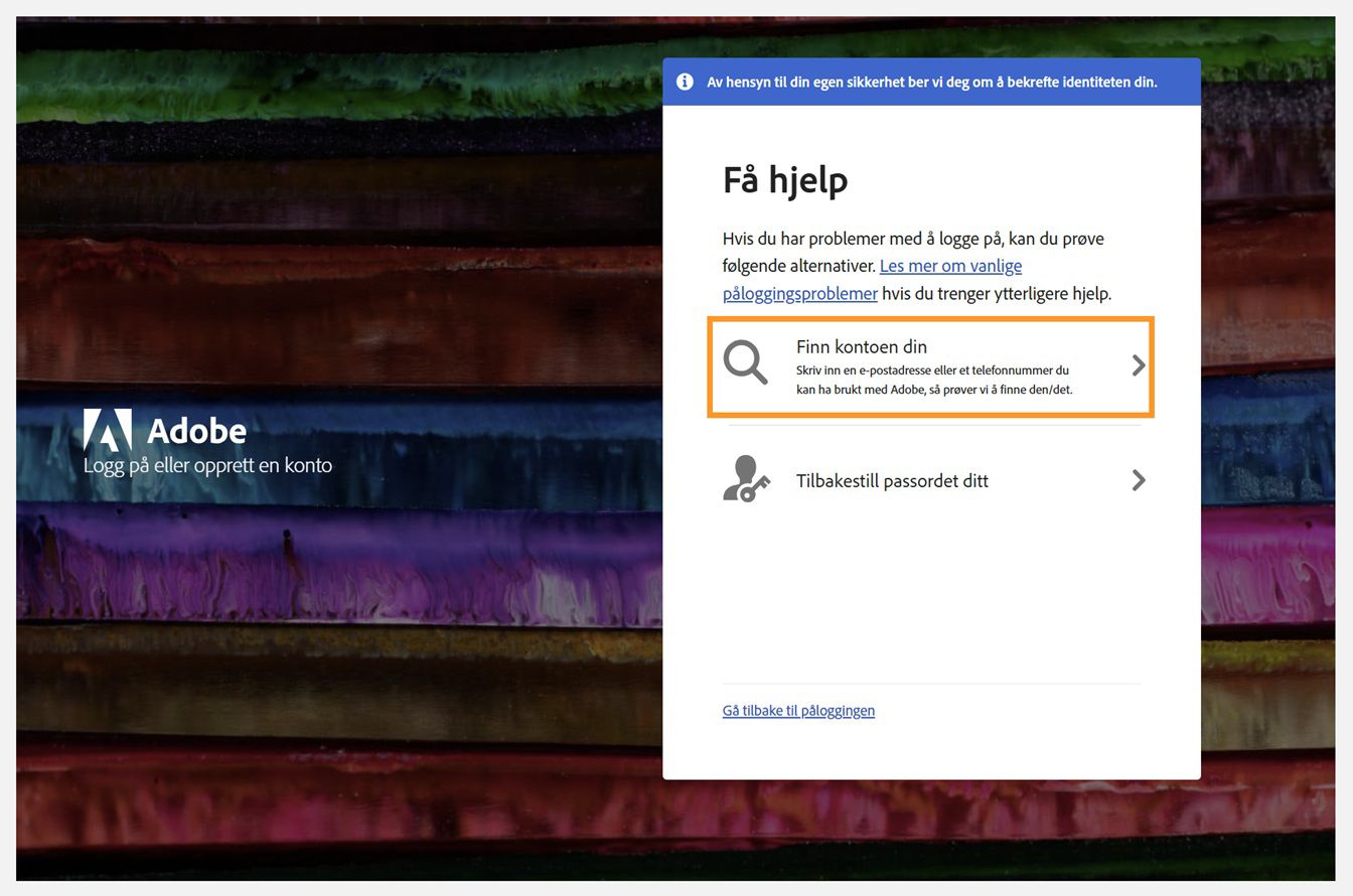Vinduet Få hjelp med alternativet Finn kontoen din uthevet.