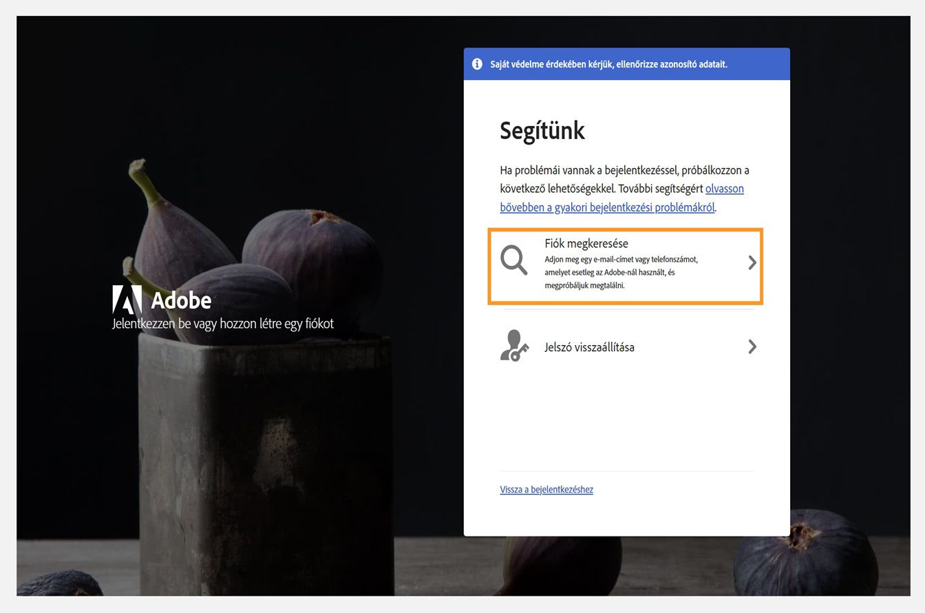 A Segítünk ablak a kiemelt Fiók megkeresése lehetőséggel.