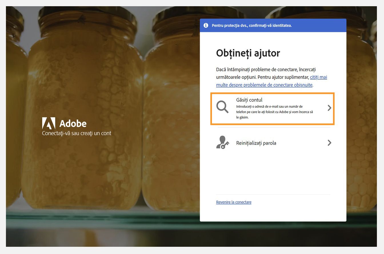 Fereastra Obțineți ajutor cu opțiunea Găsiți-vă contul evidențiată.