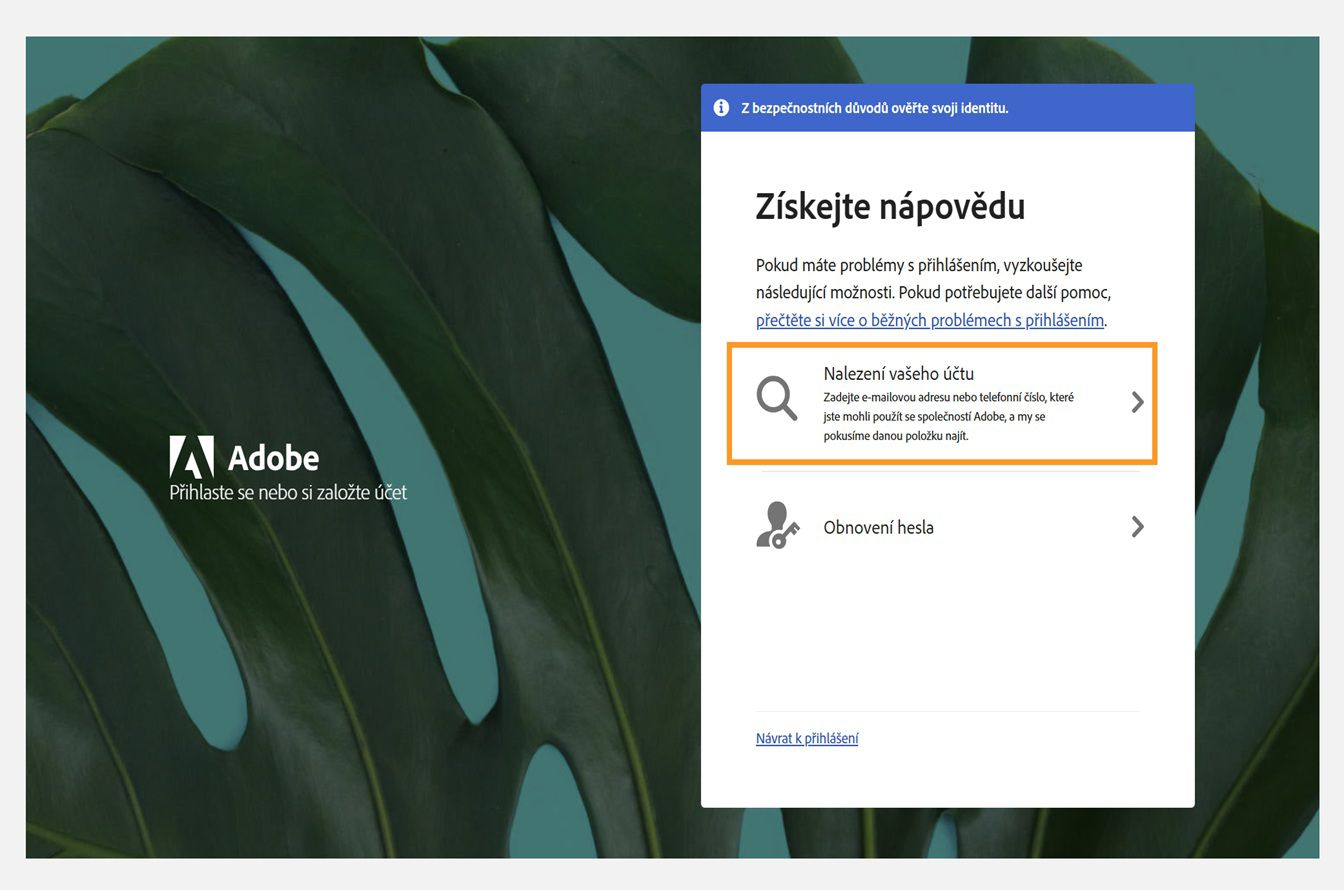 Okno Získat pomoc se zvýrazněnou možností Najít účet.