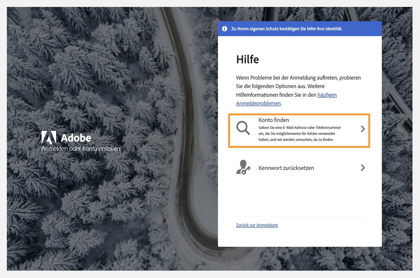 Das Fenster „Hilfe“, in dem die Option „Konto suchen“ hervorgehoben ist.