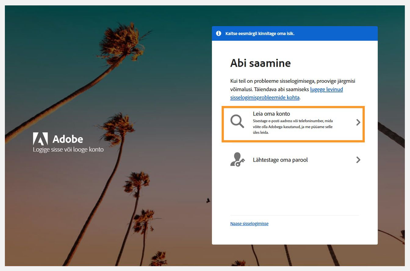 Aken Hankige abi, kus on esile tõstetud valik Leidke oma konto.
