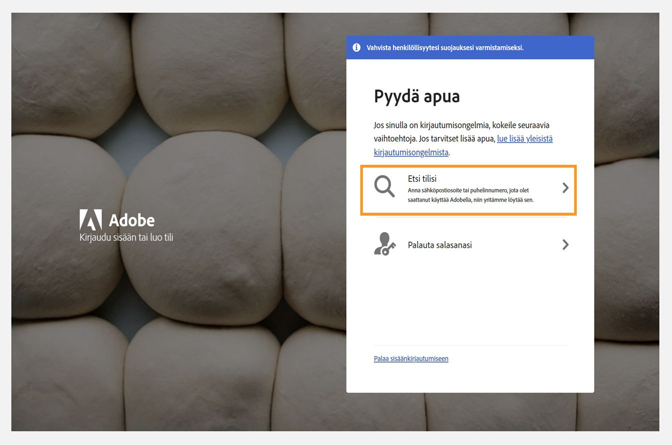 Ohje-ikkuna, jossa Etsi tilisi -vaihtoehto on korostettuna.