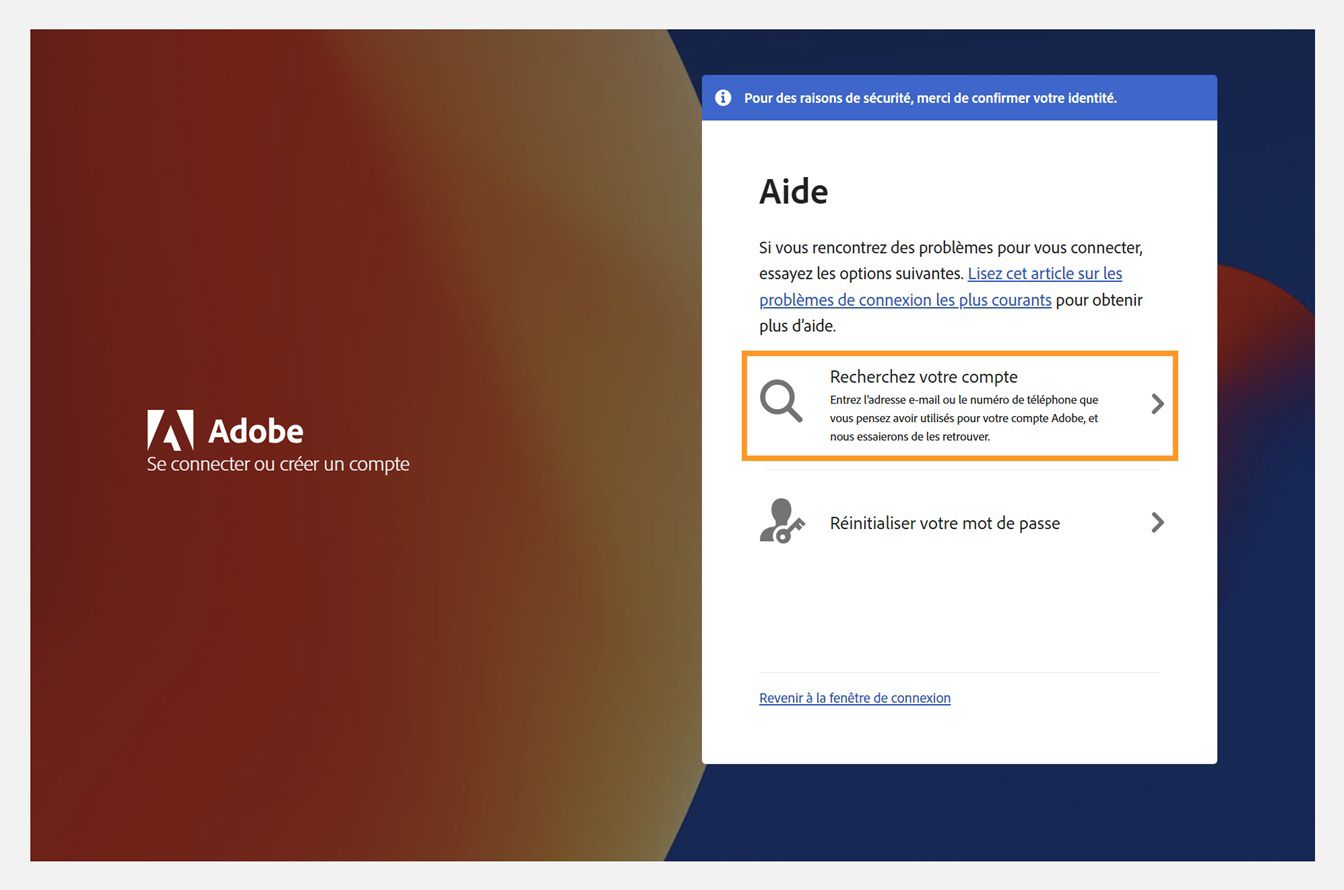 La fenêtre Obtenir de l’aide avec l’option Trouver votre compte mise en surbrillance.