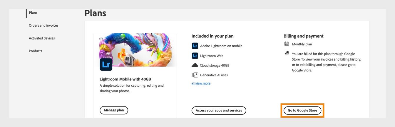 زر الانتقال إلى Google Store، المتوفر في صفحة الخطط، يتيح لك الانتقال إلى Google Store لإدارة اشتراكك.