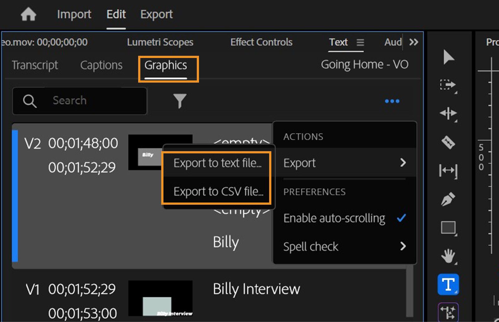 La pestaña Gráficos está abierta y muestra todos los formatos de archivo disponibles para exportar el contenido de texto.