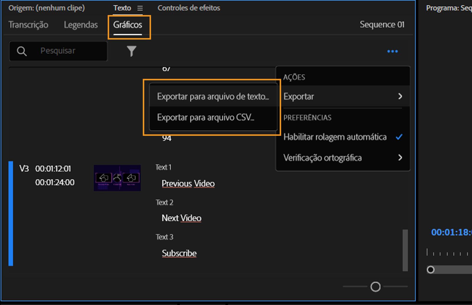 A guia Gráficos está aberta e exibe todos os formatos de arquivo disponíveis para exportar o conteúdo de texto.