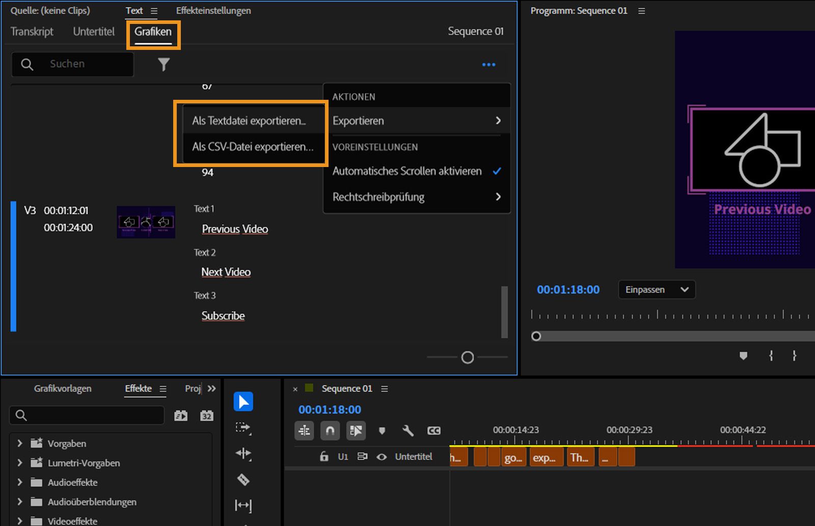 Die Registerkarte „Grafiken“ ist geöffnet und zeigt alle verfügbaren Dateiformate für den Export der Textinhalte an.