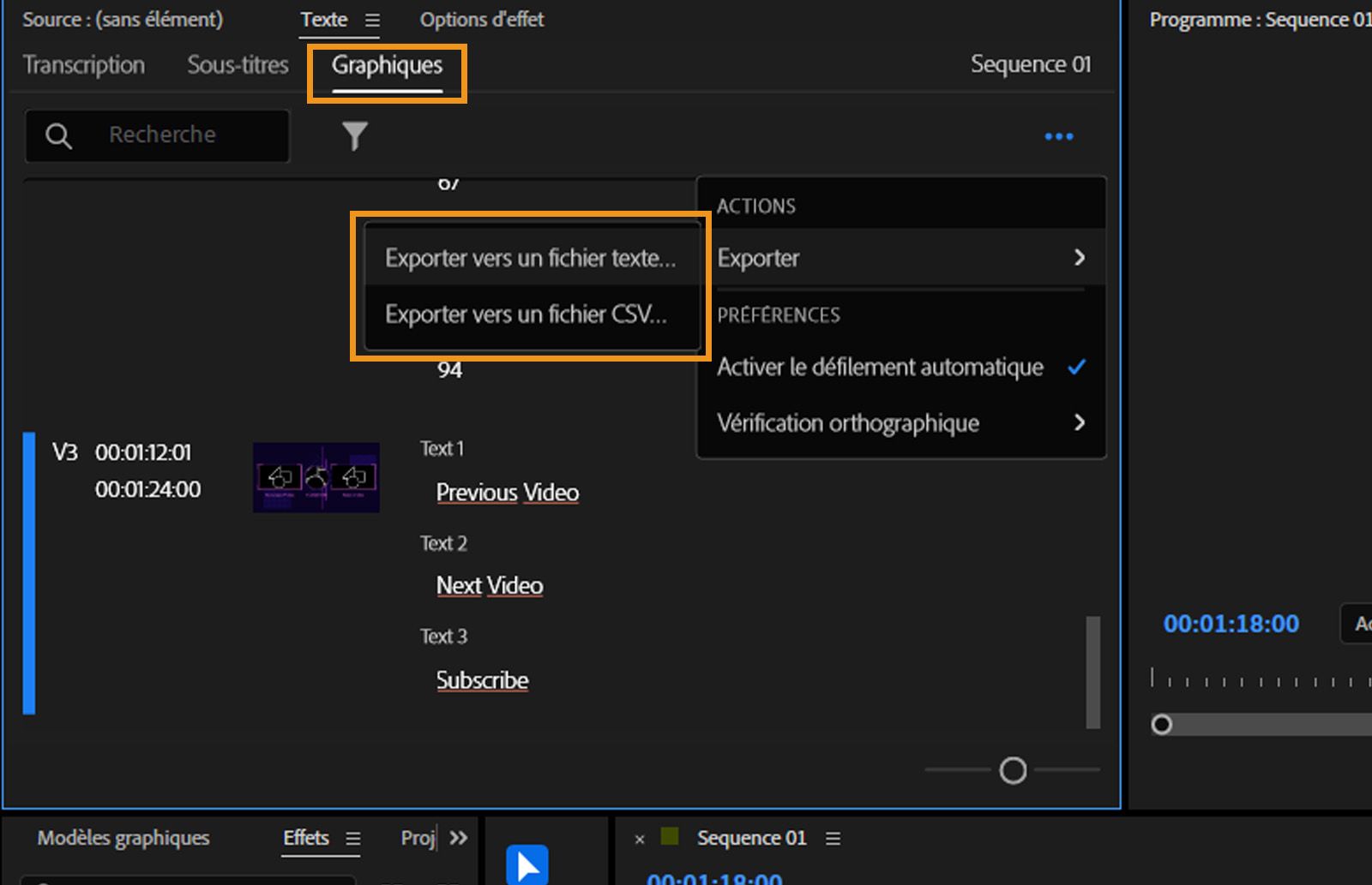 L'onglet Graphiques est ouvert et affiche tous les formats de fichiers disponibles pour exporter le contenu textuel.