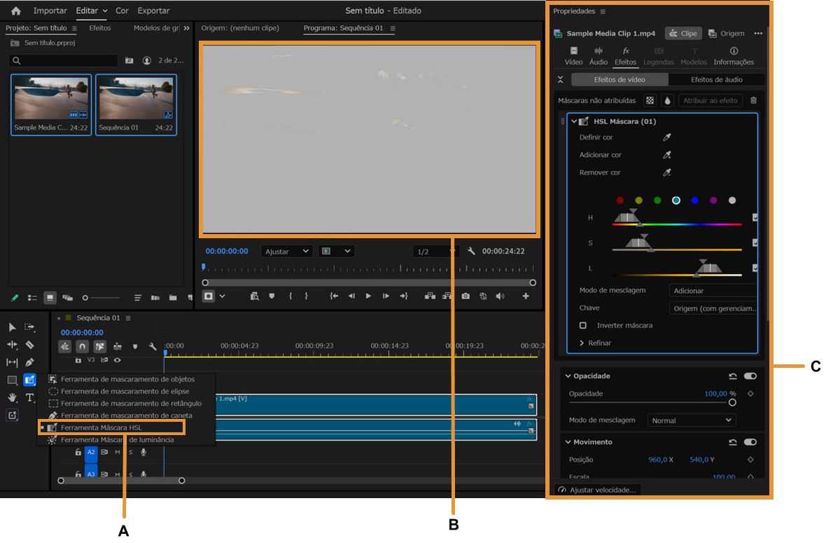 A ferramenta de máscara HSL está selecionada na barra de ferramentas, gerando uma máscara de cor mostrada no Monitor do Programa e no painel de propriedades.