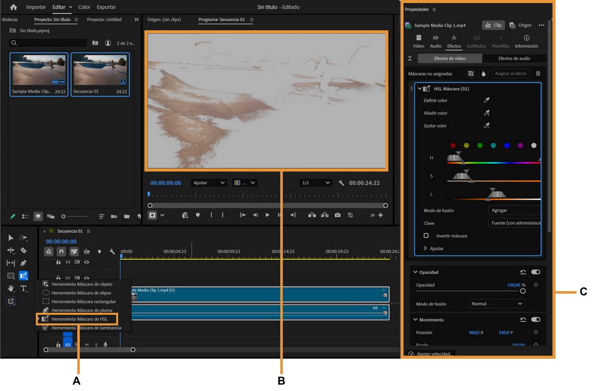 La herramienta de máscara HSL está seleccionada en la barra de herramientas, generando una máscara de color mostrada en el Monitor de programa y el panel Propiedades.