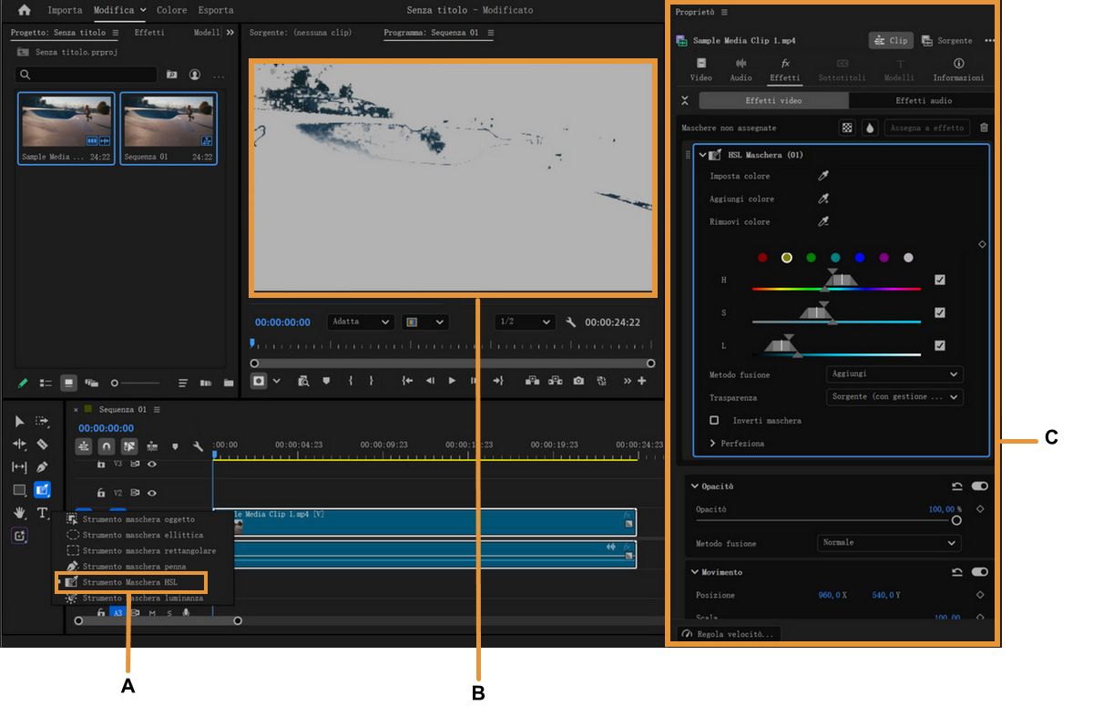 Lo strumento Maschera HSL è selezionato nella barra degli strumenti e genera una maschera colore mostrata nel monitor programma e nel pannello Proprietà.