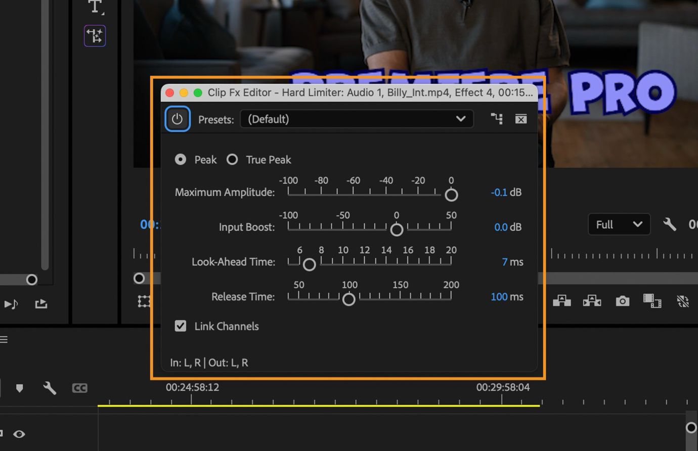 Il pannello dell'effetto Limitatore rigido in premiere pro con i controlli per l'ampiezza massima, l'incremento dell'ingresso, il tempo di anticipazione e il tempo di rilascio.