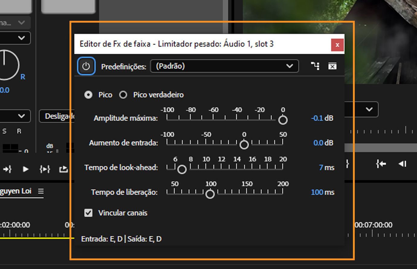 O painel do efeito “Limitador físico” no Premiere Pro, com controles de amplitude máxima, aumento de entrada, tempo de antecipação e tempo de liberação.