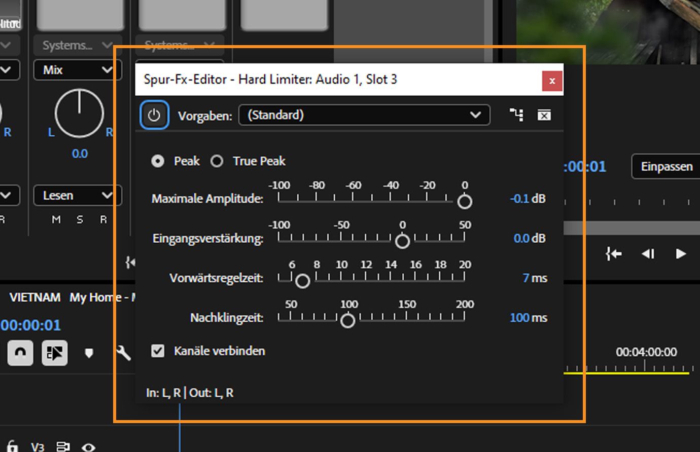 Das Bedienfeld für den Hard-Limiter-Effekt in Premiere Pro mit Steuerungen für maximale Amplitude, Eingangsverstärkung, Vorlaufzeit und Nachklingzeit.
