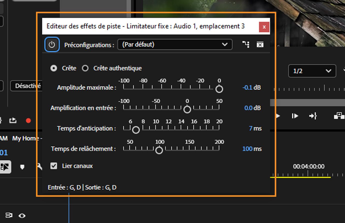 Le panneau de l’effet Limiteur fixe dans Premiere Pro avec des contrôles pour l’amplitude maximale, l’amplification en entrée, le temps d’anticipation et le temps de relâchement.