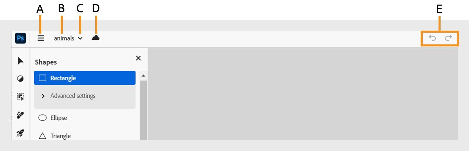 แถบส่วนหัวมีสัญลักษณ์สำหรับเมนูหลัก ชื่อไฟล์ ประวัติเวอร์ชัน ที่บันทึก และตัวเลือก เลิกทำ และทำซ้ำ