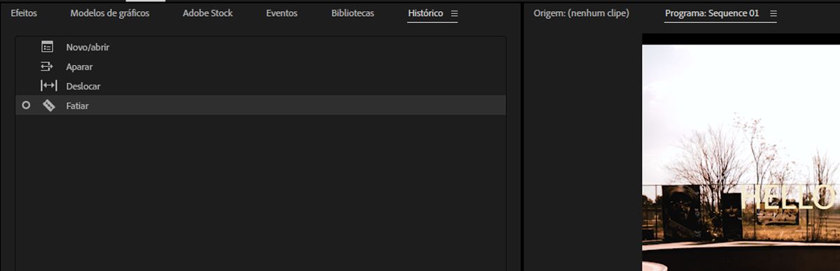 O painel Histórico mostrando uma lista de ações de edição recentes, incluindo ajustes de Navalha, Corte ondulante e Deslizamento, com opções para desfazer ou refazer alterações de corte.