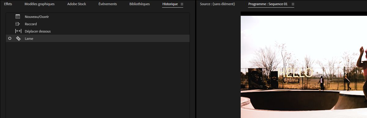Le panneau Historique affichant une liste des actions de montage récentes, notamment les réglages Lame de rasoir, Montage par propagation et Glissement, avec des options pour annuler ou rétablir les modifications de rognage.